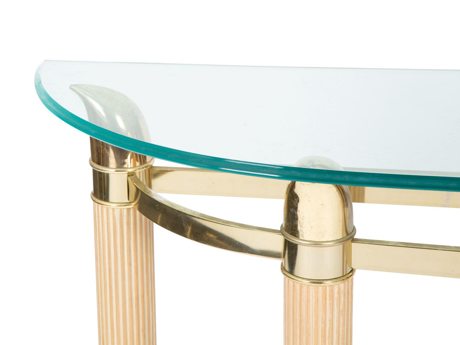 A Modern Fluted White Oak and Gilt Metal Demilune Glass Top Console Table — 20TH CENTURY