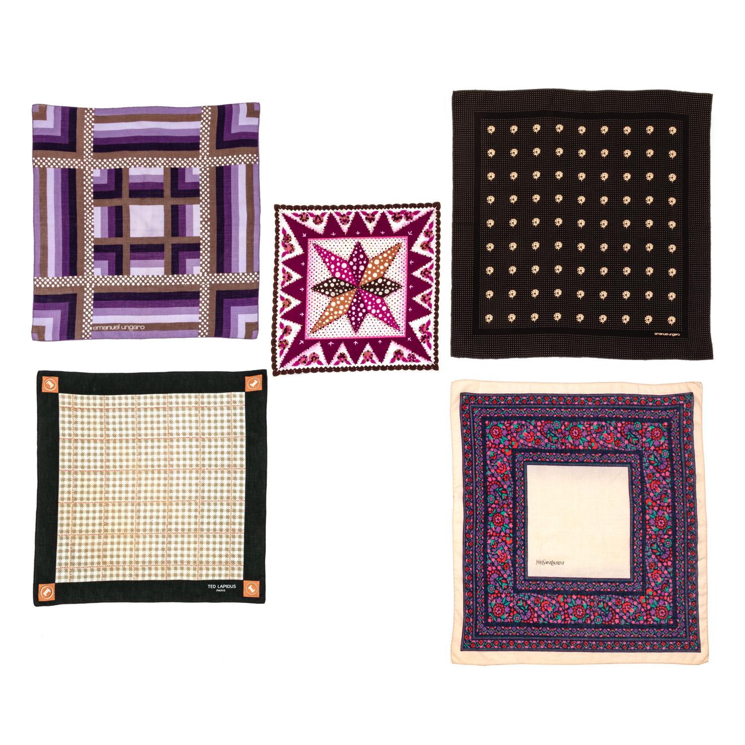 Collection of Five Cotton Pocket Scarves, 1960-80s