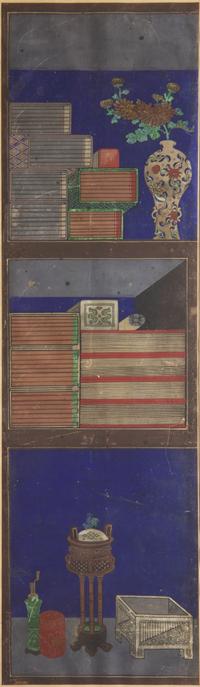 Attributed to Lee Taek-Gyun (Korean, 1808-after 1883), A Set of Three Books and Scholars’ Accoutrements (Chaekgeori) Paintings, Joseon Dynasty, 19th Century — 李宅均（款，朝鮮王朝，1808-1883以后）《冊架圖》三幅