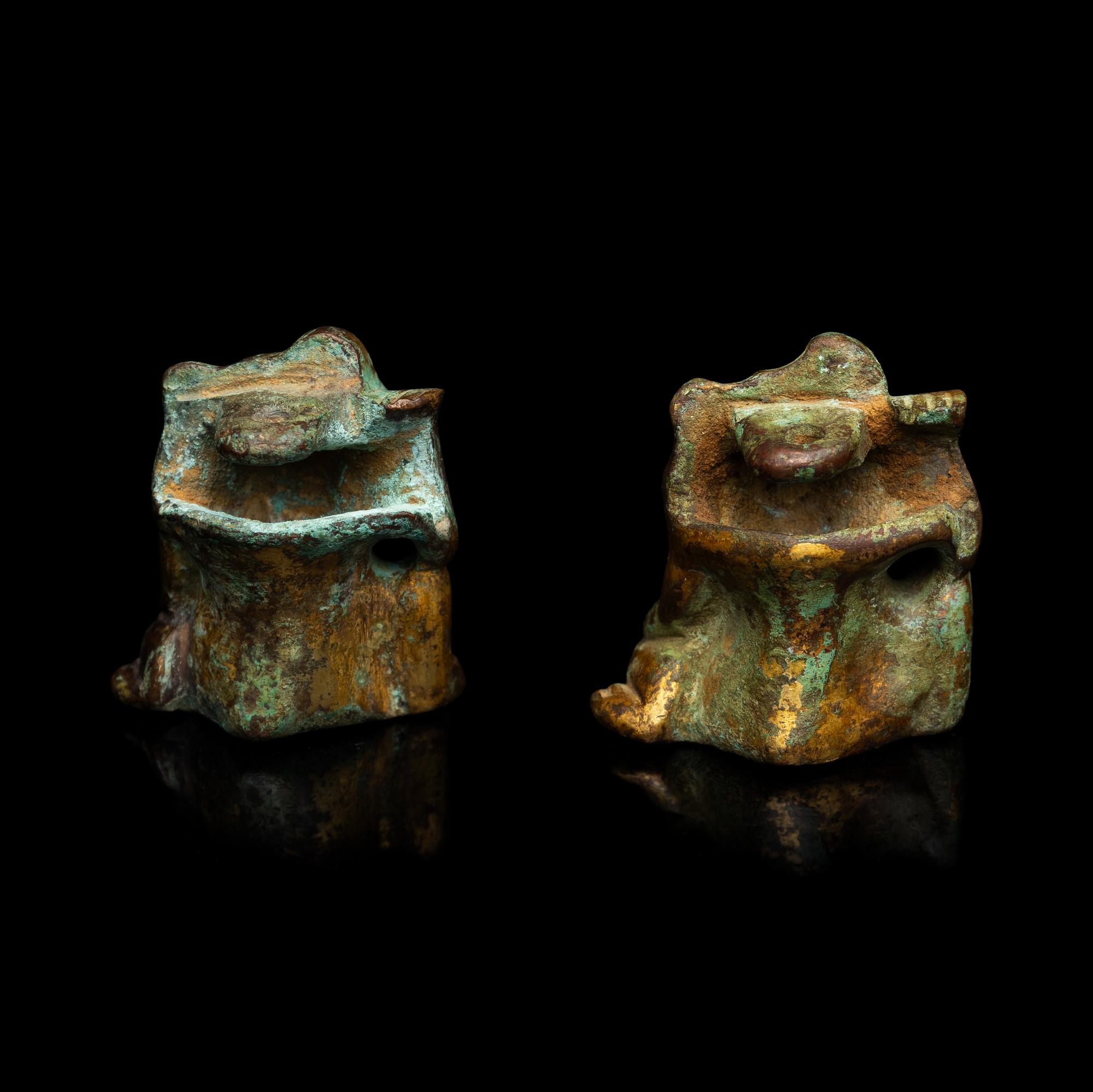 A Pair of Small Chinese Gilt Bronze Bear-Form Supports, Han Dynasty 漢 銅鎏金熊形器足兩件