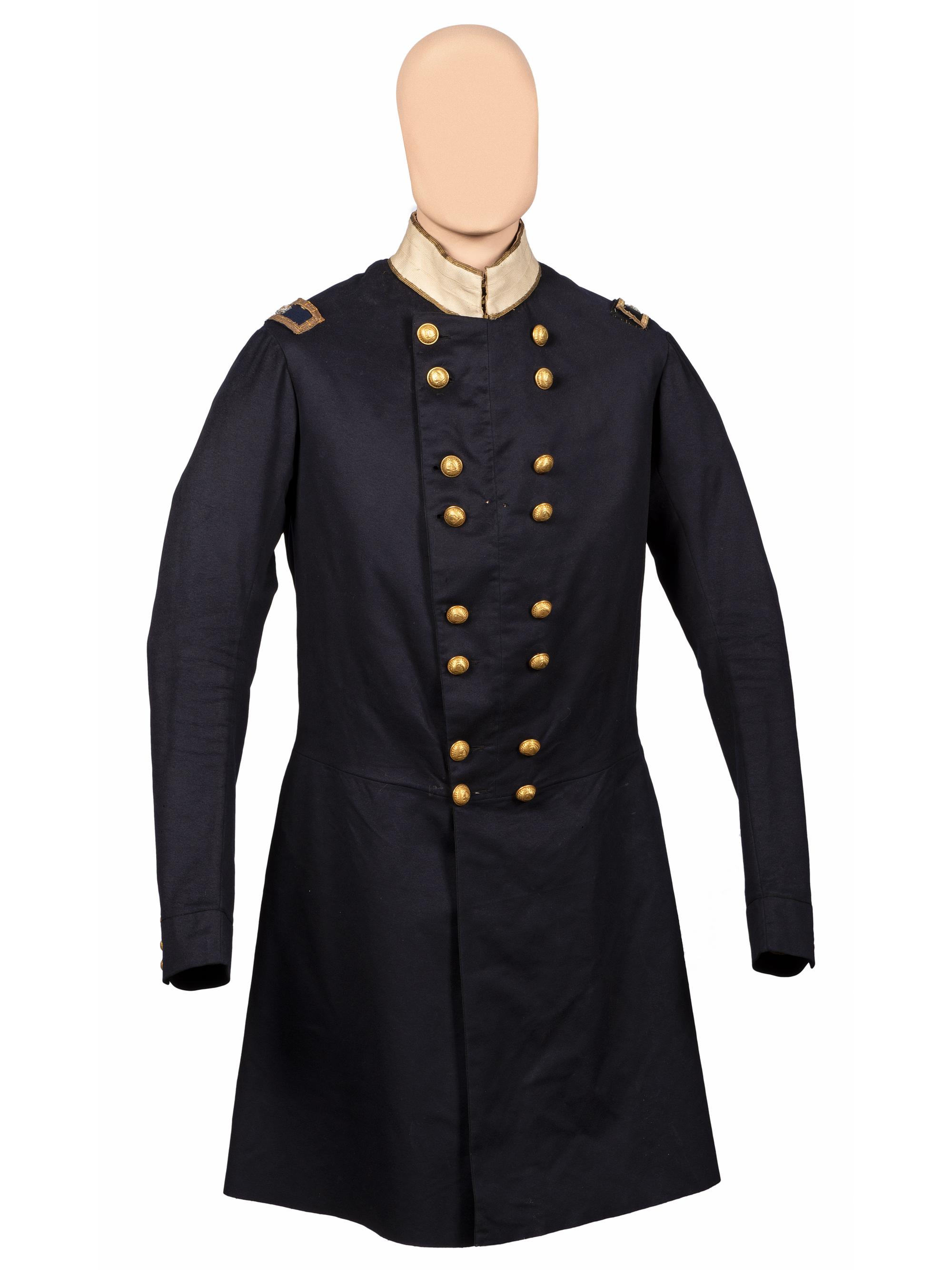 [MILITIA]. Frock coat and Model 1851 shako with original box identified to Massachusetts Militia Brigadier General Eliab Ward.