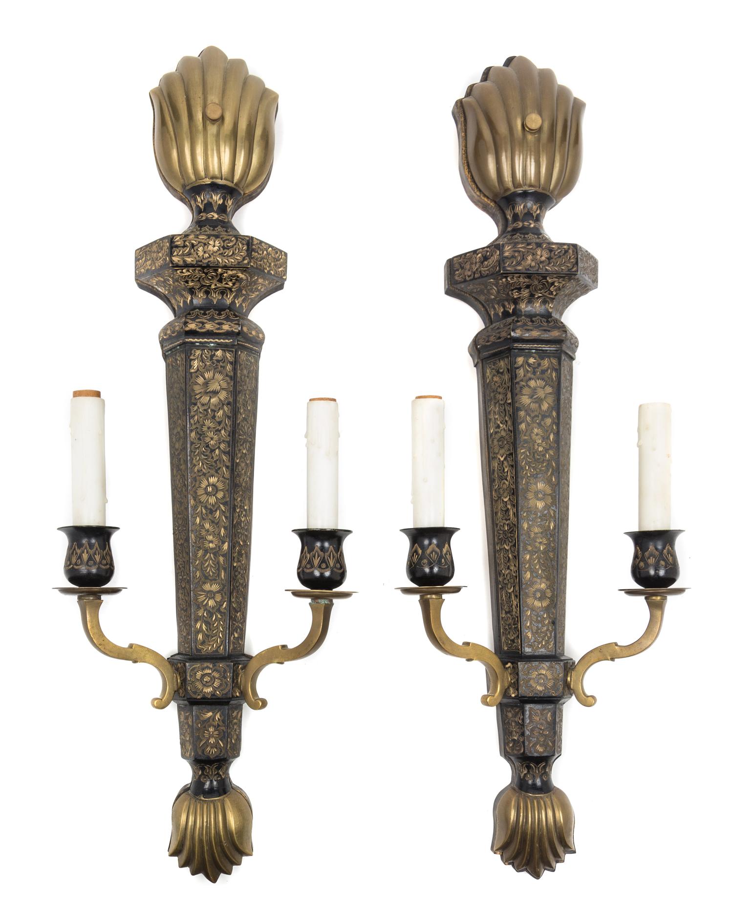 A Pair of Cast Metal Two-Light Sconces Height 26 inches. — 20TH CENTURY