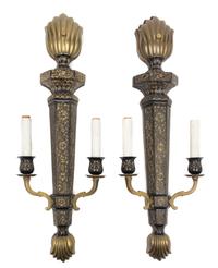 A Pair of Cast Metal Two-Light Sconces Height 26 inches. — 20TH CENTURY