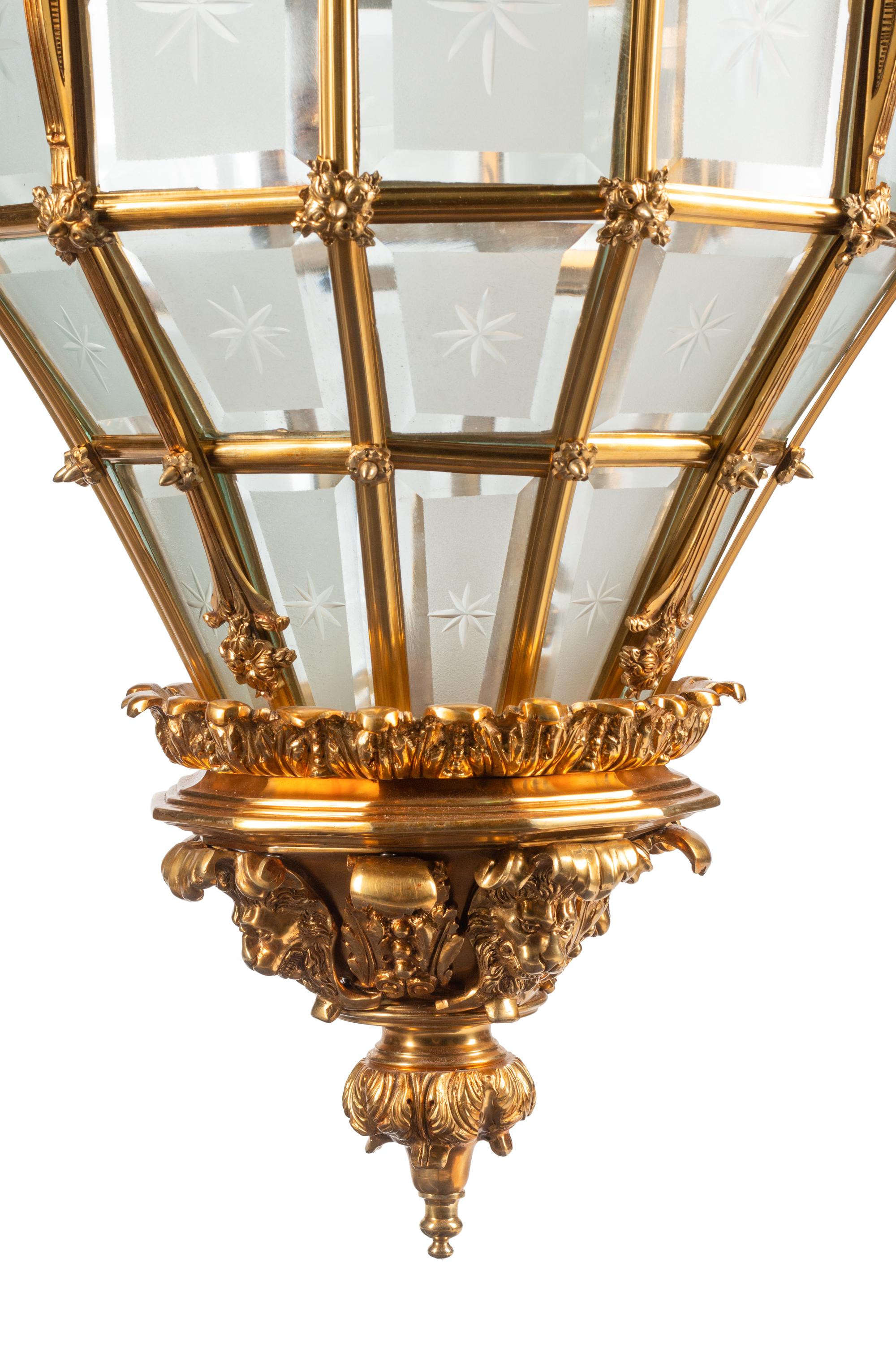 A Pair of Continental Gilt Bronze and Beveled Glass Hall Lanterns