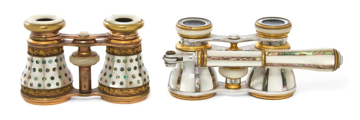 Two Pairs of Continental Mother-of-Pearl Veneered Opera Glasses, Width of first 4 1/4 inches.