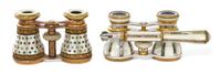 Two Pairs of Continental Mother-of-Pearl Veneered Opera Glasses, Width of first 4 1/4 inches.