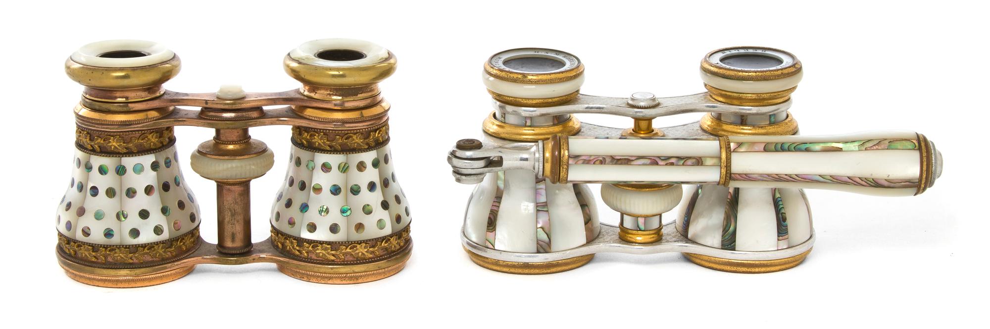 Two Pairs of Continental Mother-of-Pearl Veneered Opera Glasses, Width of first 4 1/4 inches.