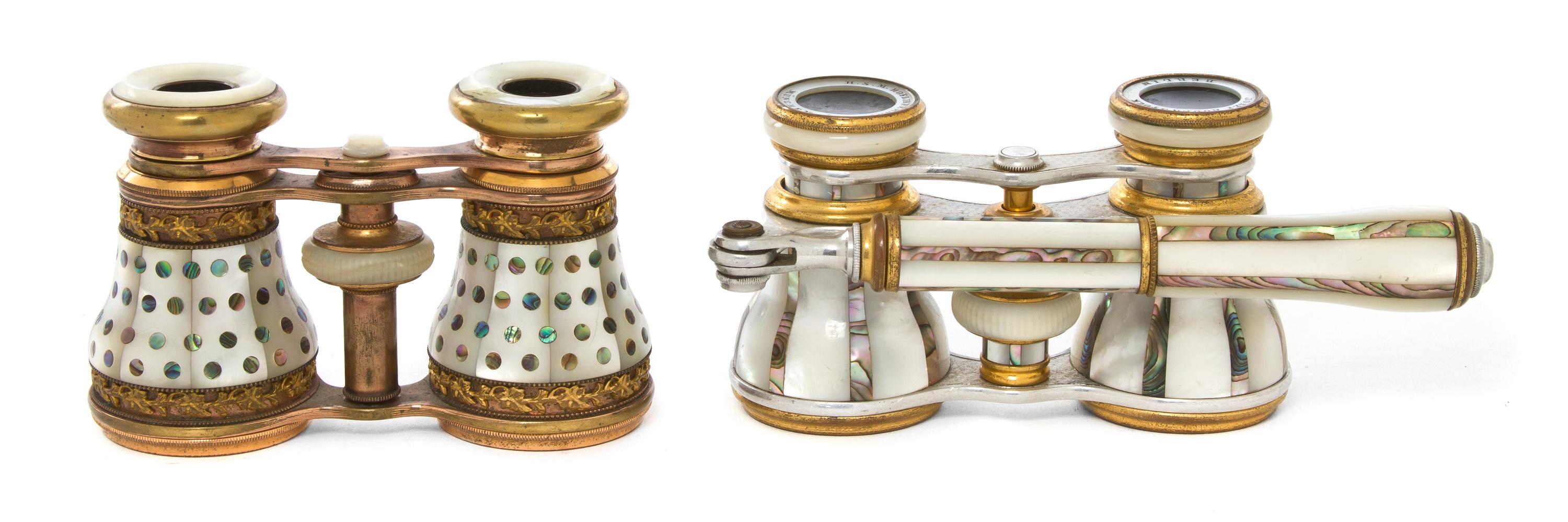 Two Pairs of Continental Mother-of-Pearl Veneered Opera Glasses, Width of first 4 1/4 inches.