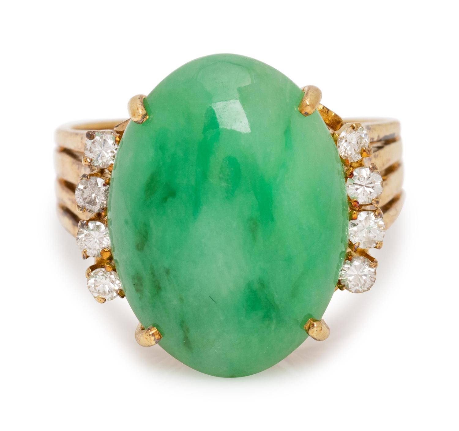 A 14 Karat Yellow Gold, Jade and Diamond Ring,