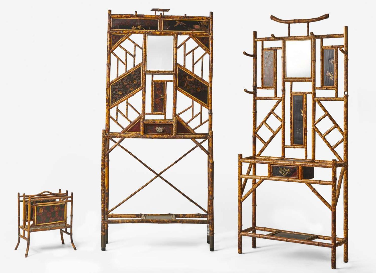 Two Japanese Aesthetic Movement bamboo and lacquer hall trees and magazine rack, late 19th century