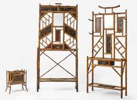 Two Japanese Aesthetic Movement bamboo and lacquer hall trees and magazine rack, late 19th century