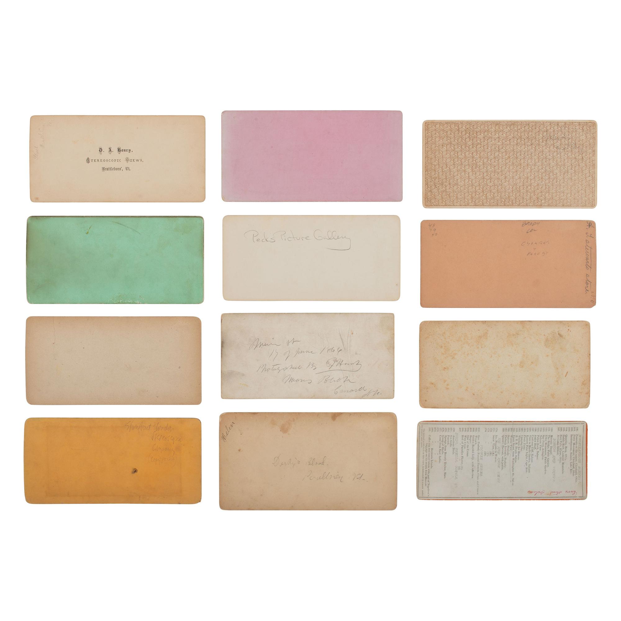 [Early Photography] Group of 12 Stereoviews of Photo Galleries, incl. Brady, Anthony, and Taber