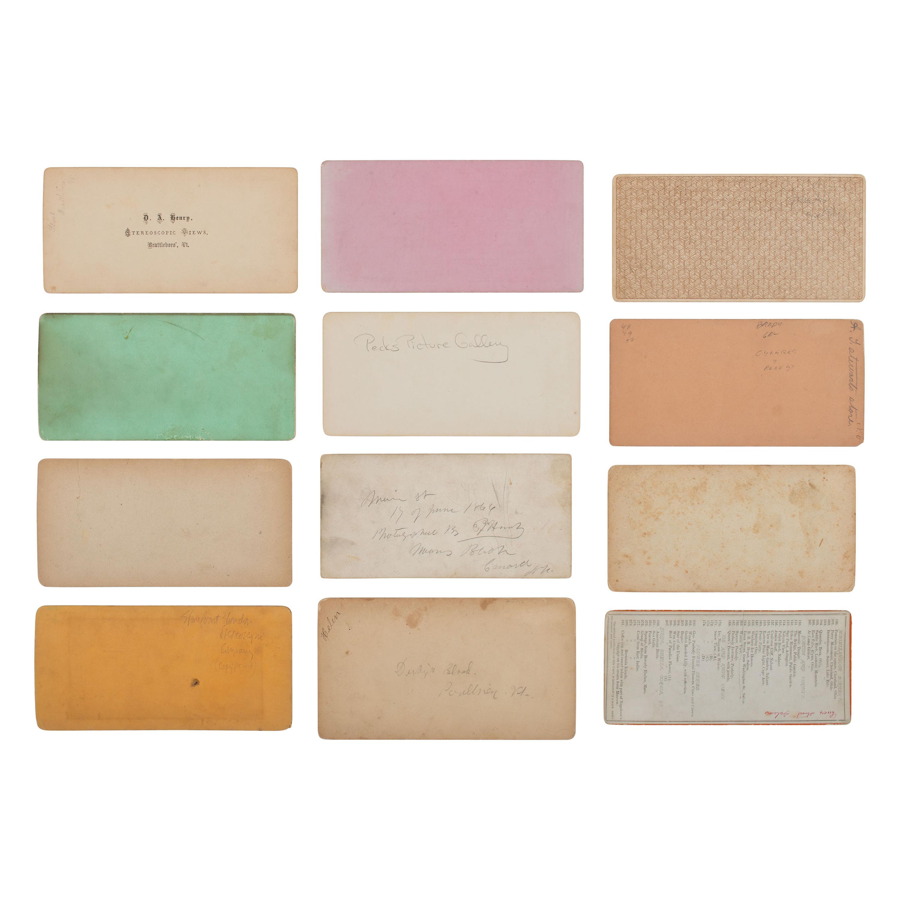 [Early Photography] Group of 12 Stereoviews of Photo Galleries, incl. Brady, Anthony, and Taber