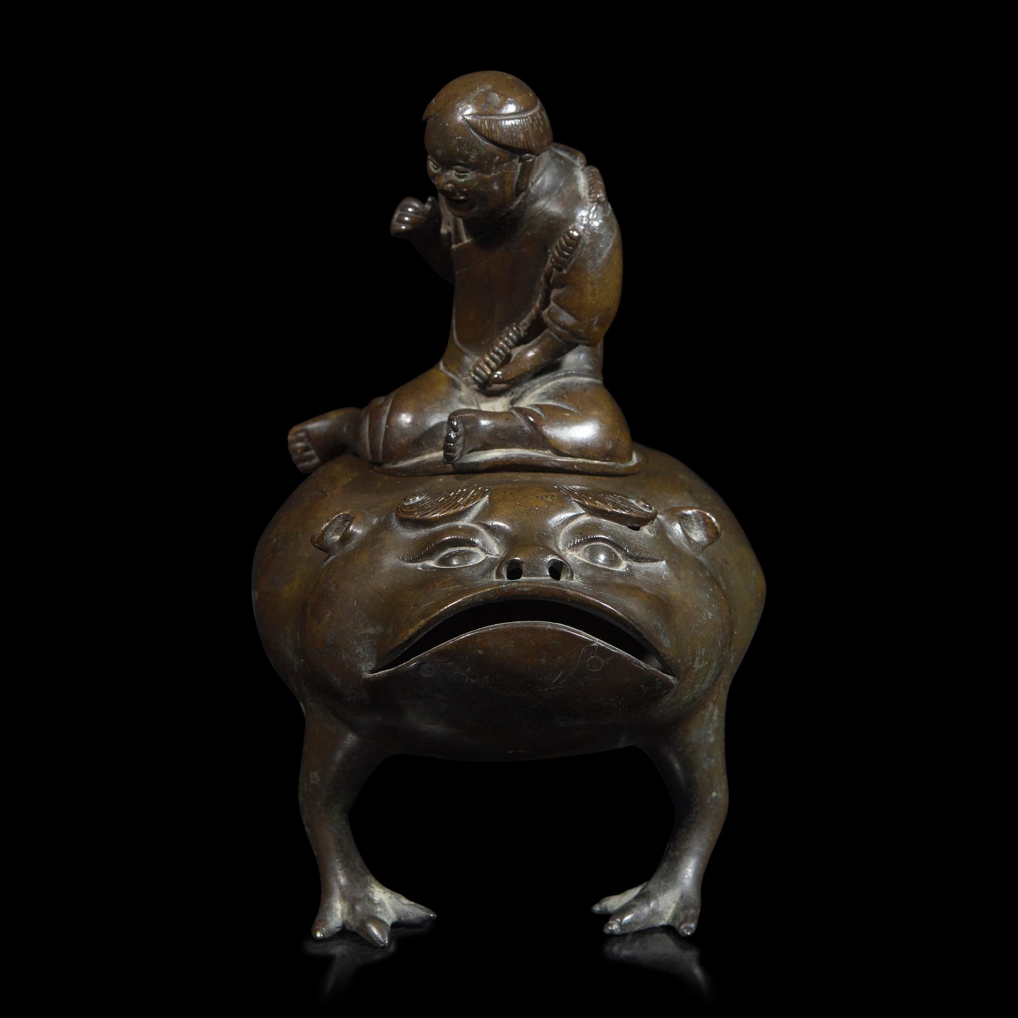 A Chinese Patinated Bronze "Liuhai and Toad" Censer, 17th/18th Century 清早中期 銅劉海戲金蟾香爐
