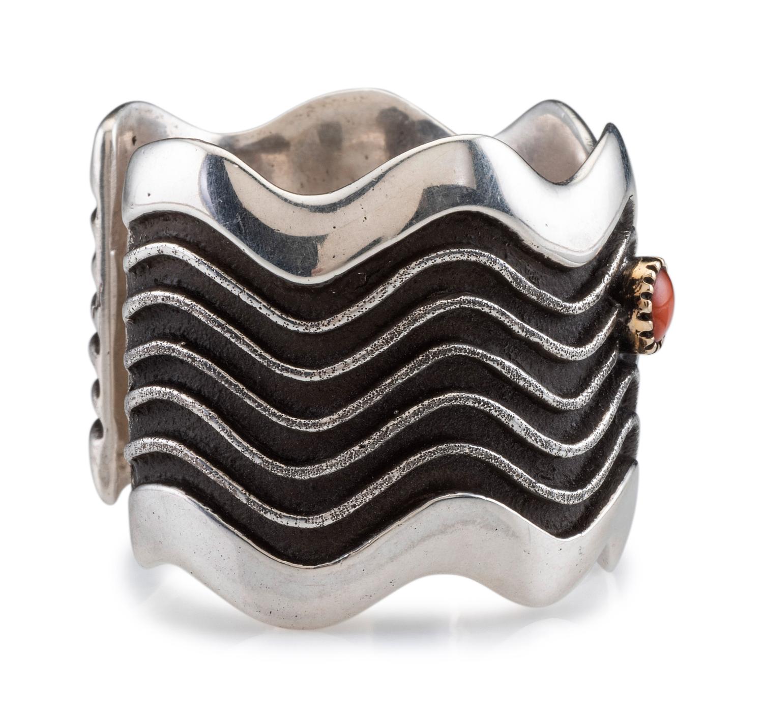 Silver Tufa Cast Wave Cuff Bracelet, set with Coral and Turquoise in 14K Gold Bezels