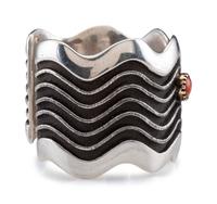 Silver Tufa Cast Wave Cuff Bracelet, set with Coral and Turquoise in 14K Gold Bezels