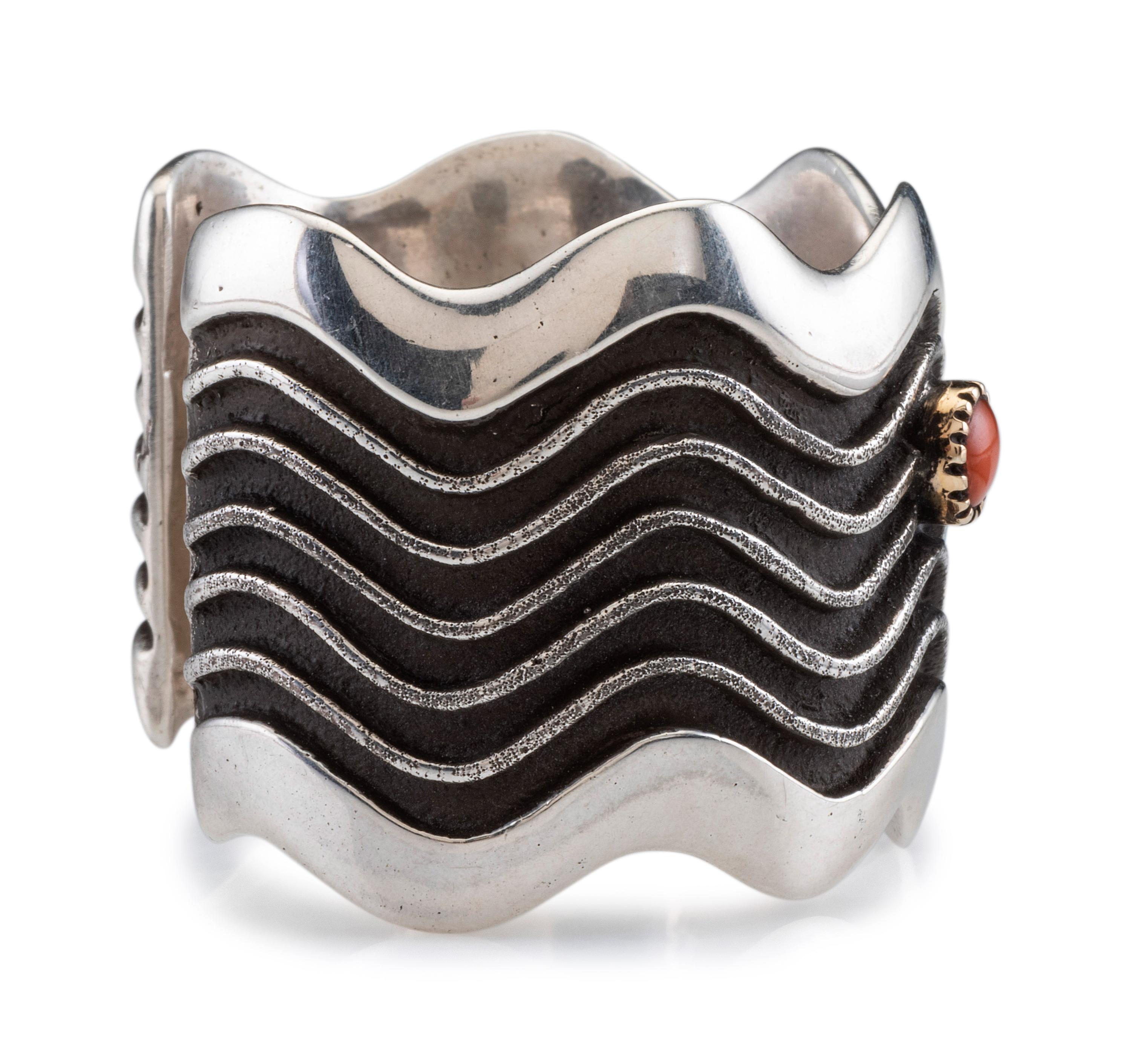 Silver Tufa Cast Wave Cuff Bracelet, set with Coral and Turquoise in 14K Gold Bezels