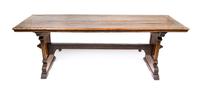 An English Jacobean Style Oak and Walnut Trestle Table Height 32 x width 92 1/2 x depth 31 inches. — CIRCA 1900
