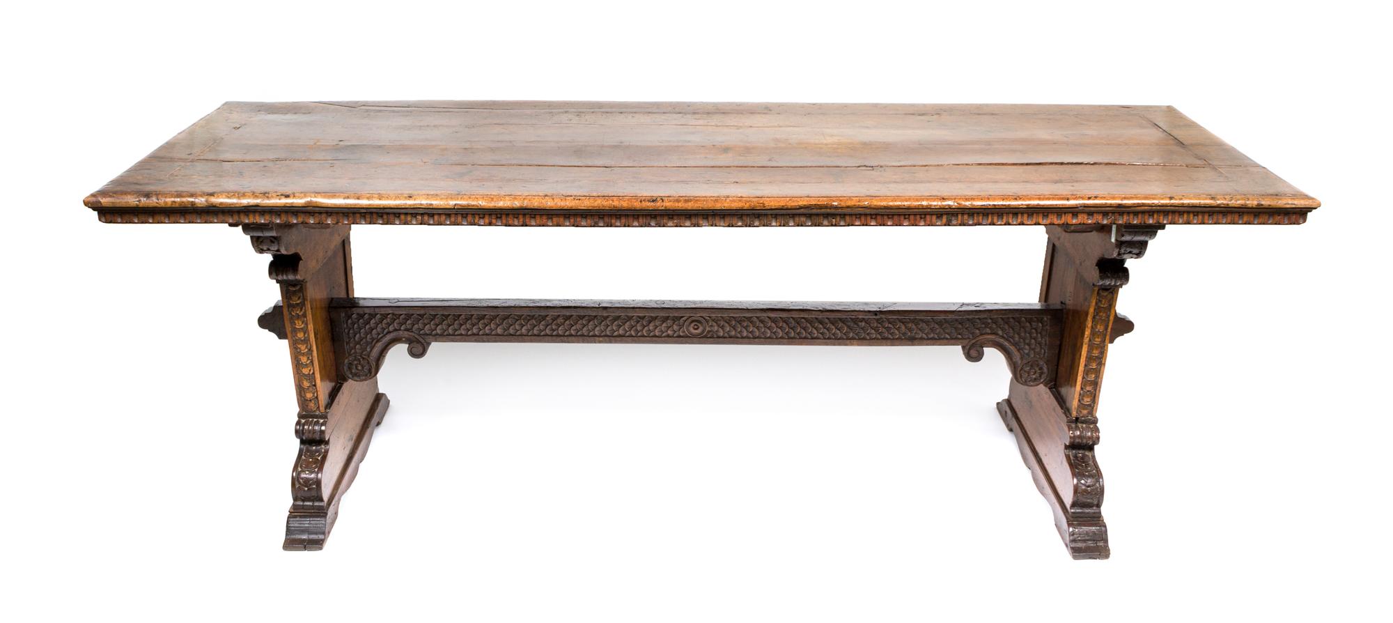 An English Jacobean Style Oak and Walnut Trestle Table Height 32 x width 92 1/2 x depth 31 inches. — CIRCA 1900
