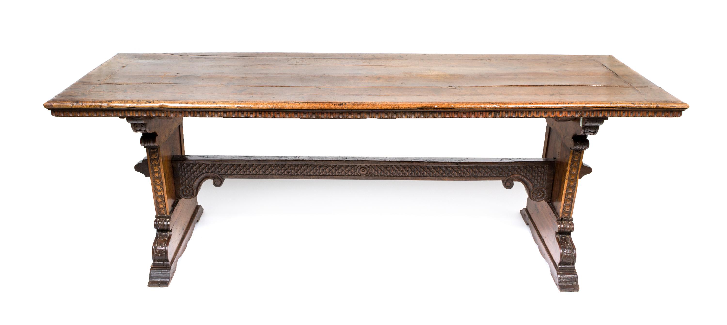 An English Jacobean Style Oak and Walnut Trestle Table Height 32 x width 92 1/2 x depth 31 inches. — CIRCA 1900