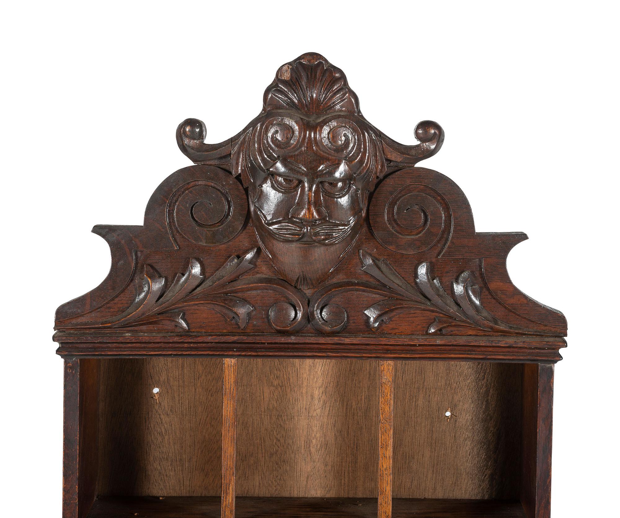 Two Mask Carved Oak Shaving Mug Cabinets