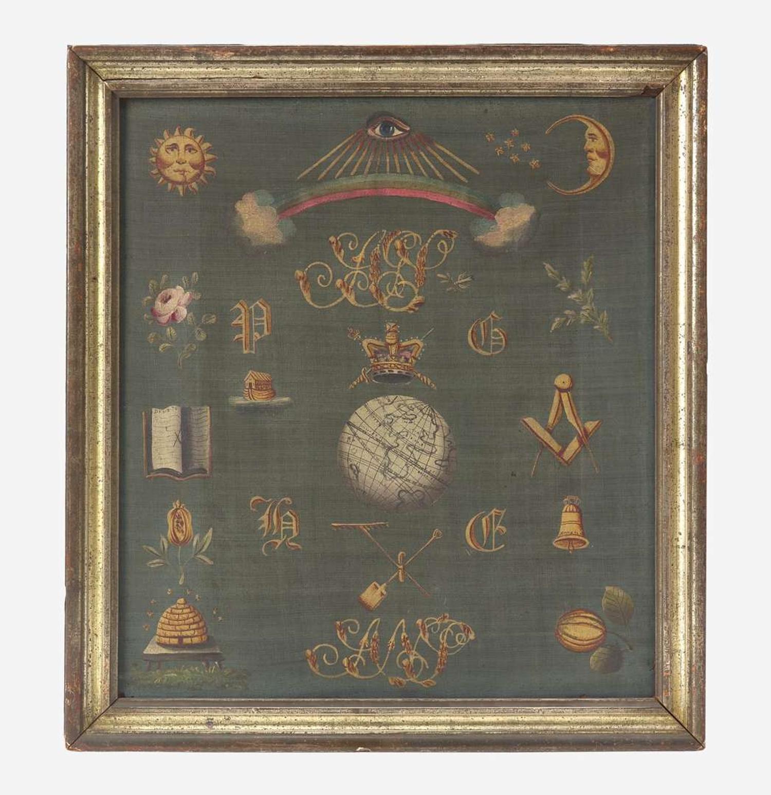 A framed Ancient Order of Free Gardeners painted linen banner England or Scotland, late 18th / early 19th century