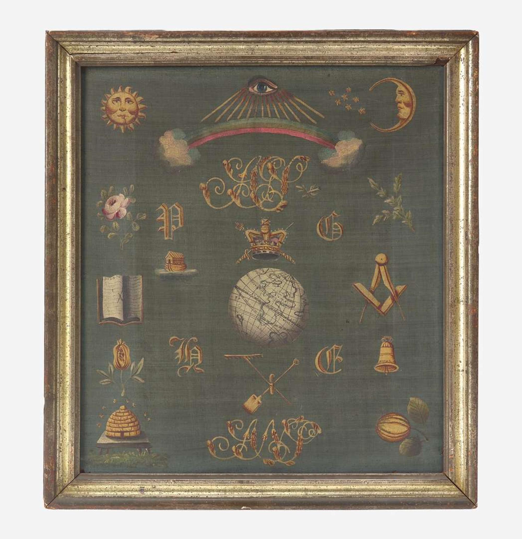A framed Ancient Order of Free Gardeners painted linen banner England or Scotland, late 18th / early 19th century