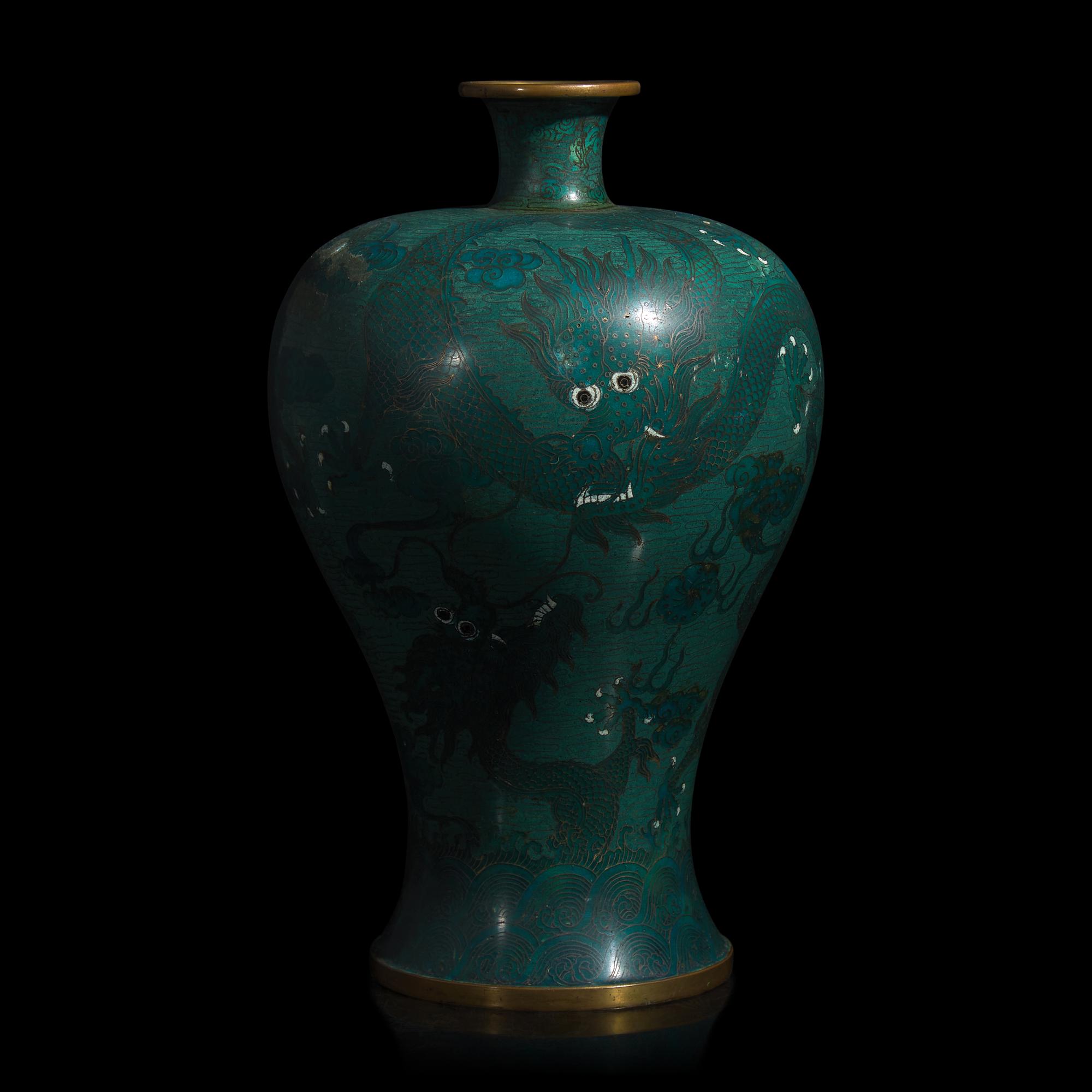 A Chinese Cloisonné Enamel 'Dragons' Meiping Vase 藍地掐絲琺瑯海水龍紋梅瓶