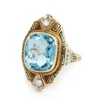 An Art Deco Yellow Gold, Platinum, Aquamarine, Diamond and Polychrome Enamel Ring, 4.30 dwts.