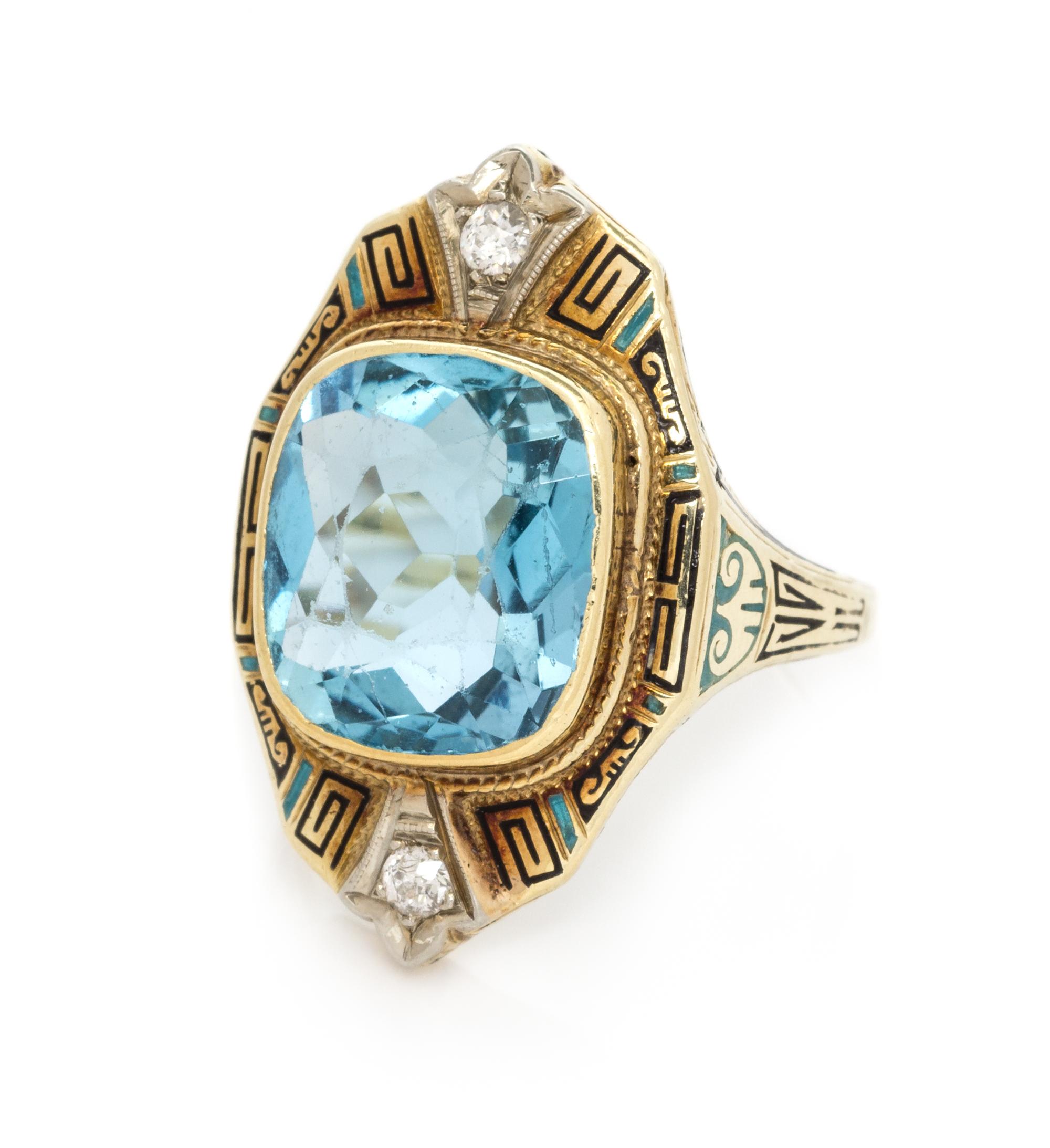 An Art Deco Yellow Gold, Platinum, Aquamarine, Diamond and Polychrome Enamel Ring, 4.30 dwts.