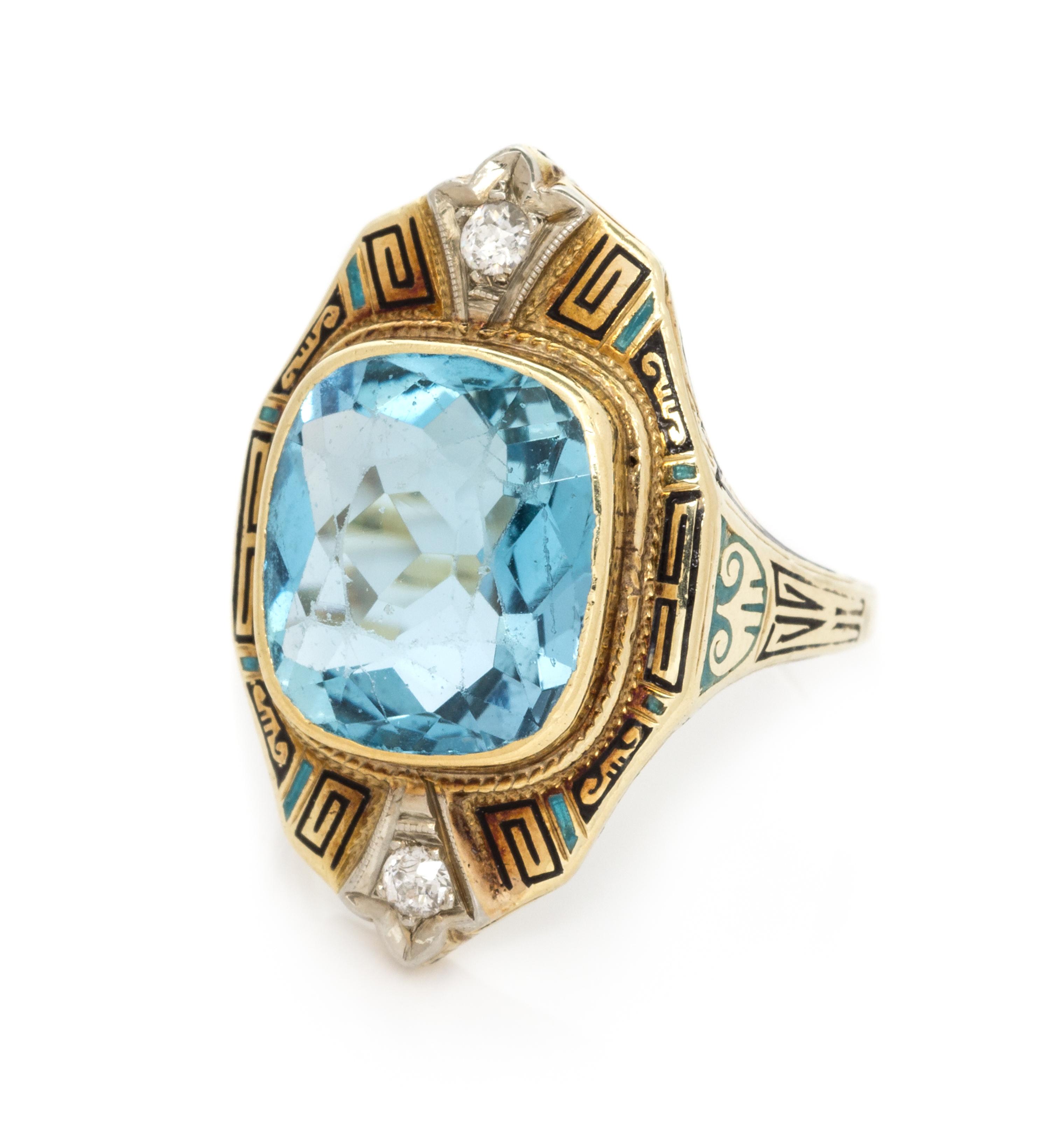 An Art Deco Yellow Gold, Platinum, Aquamarine, Diamond and Polychrome Enamel Ring, 4.30 dwts.