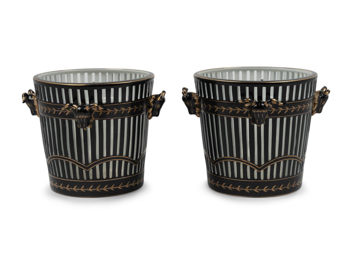 A Pair of Contemporary Reticulated and Parcel Gilt Porcelain Jardinières