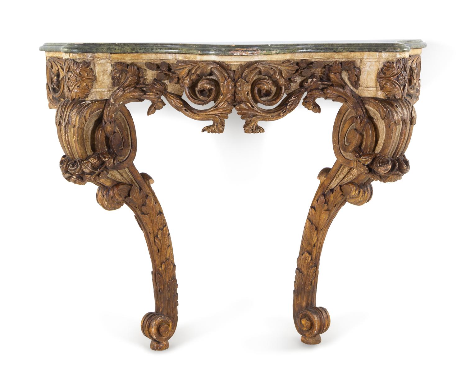 A Northern European Faux Marble Painted and Parcel Gilt Console Table