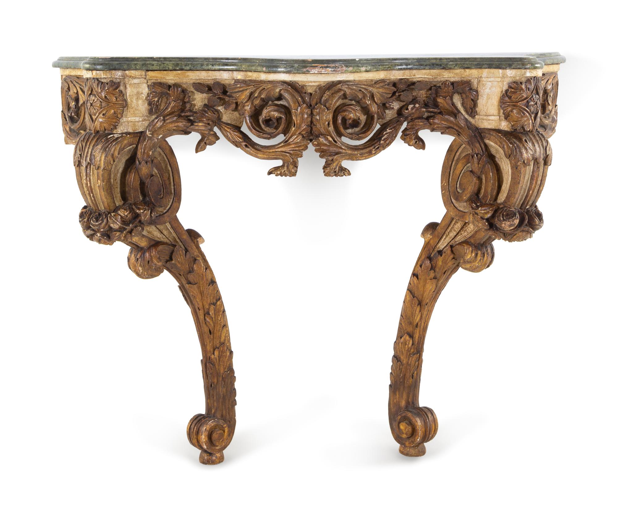 A Northern European Faux Marble Painted and Parcel Gilt Console Table