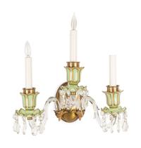 A Pair of French Opaline Glass Three-Light Sconces with Cut Glass Hurricane Shades