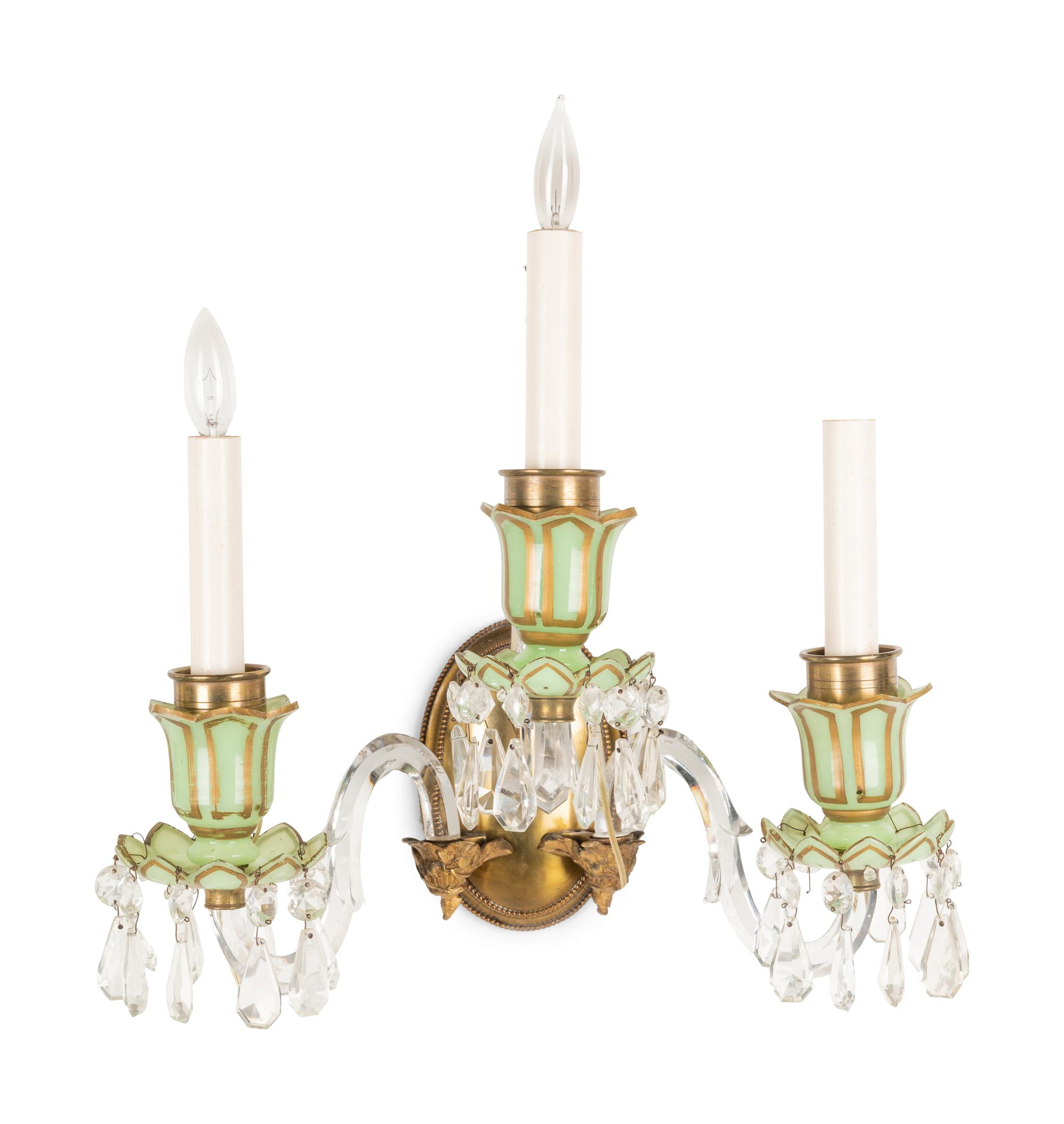 A Pair of French Opaline Glass Three-Light Sconces with Cut Glass Hurricane Shades