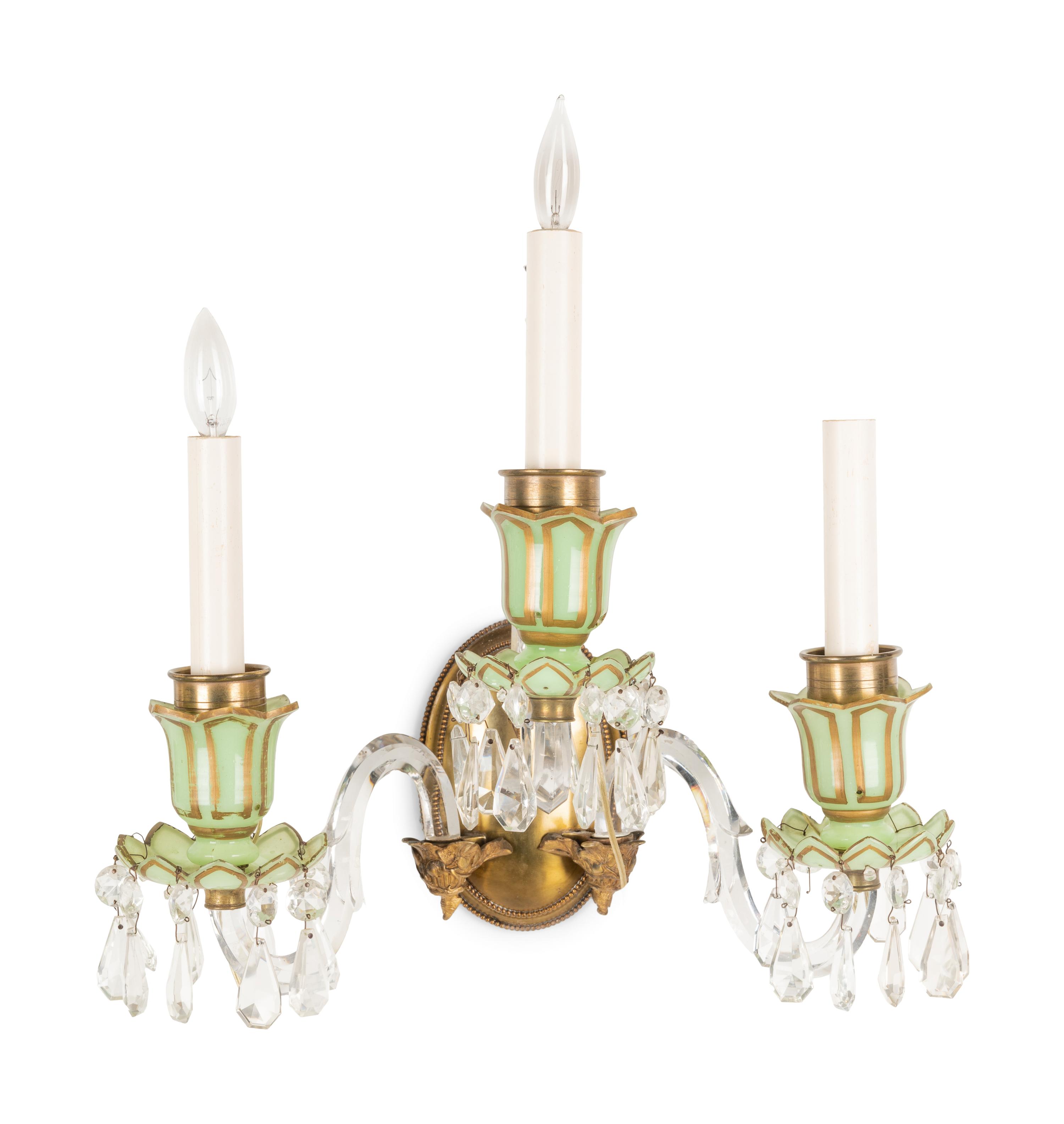 A Pair of French Opaline Glass Three-Light Sconces with Cut Glass Hurricane Shades