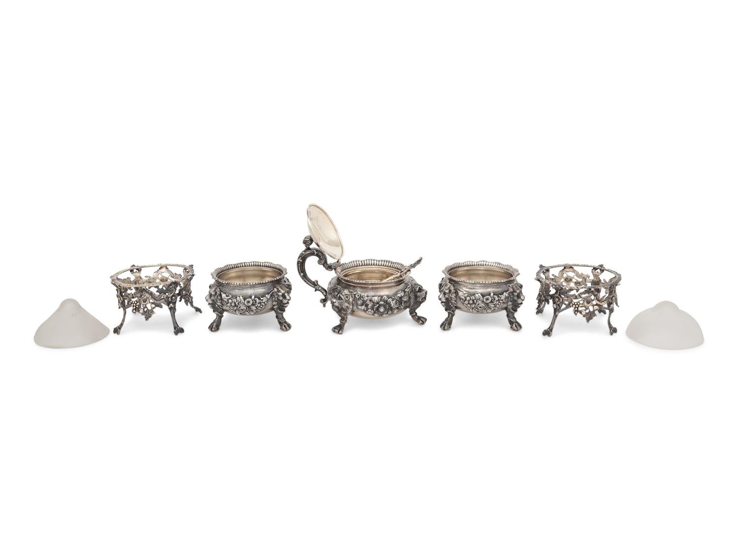 A Pair of English Silver-Gilt Footed Salt Cellars and Covered Condiment Bowl