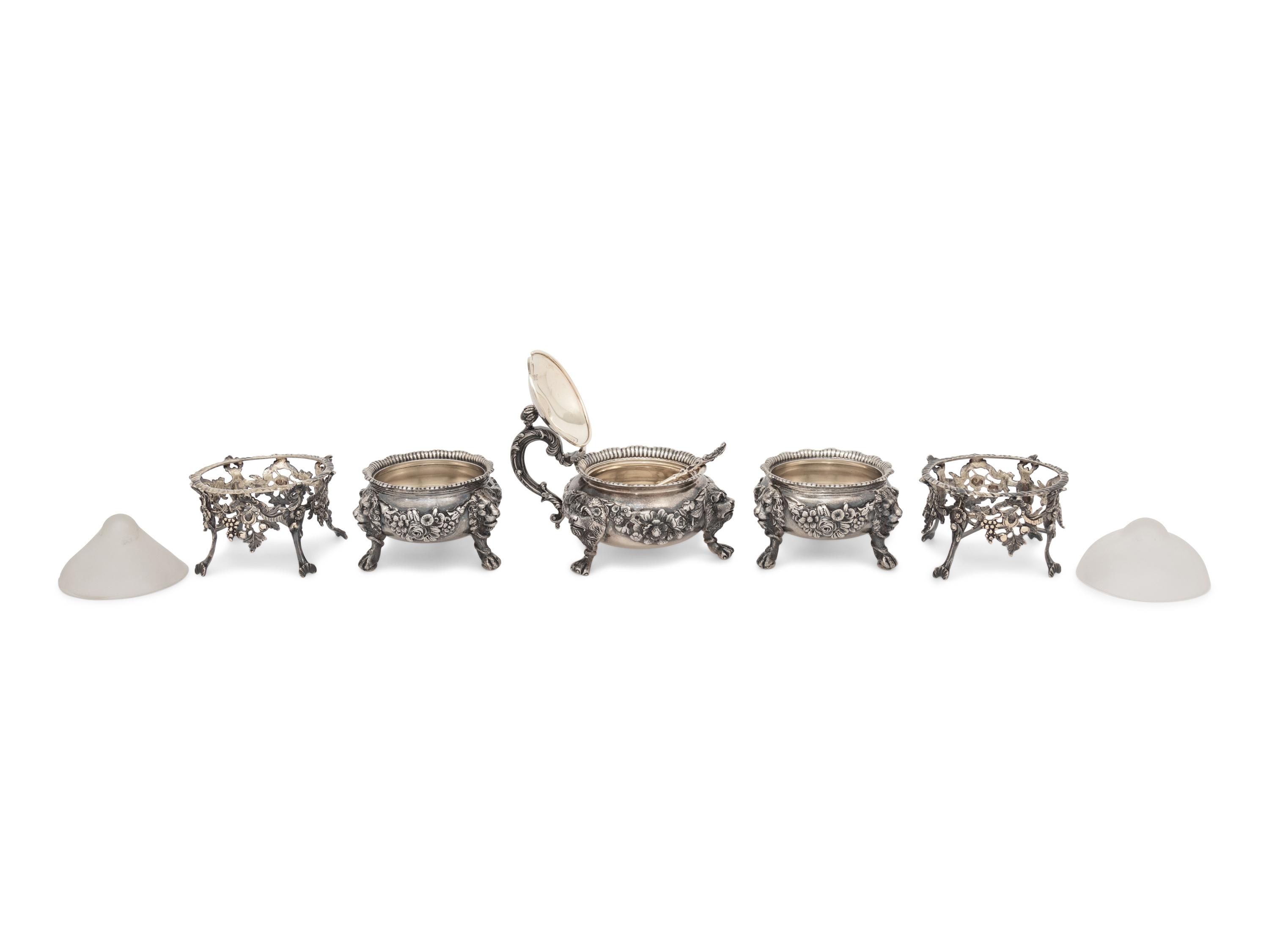 A Pair of English Silver-Gilt Footed Salt Cellars and Covered Condiment Bowl