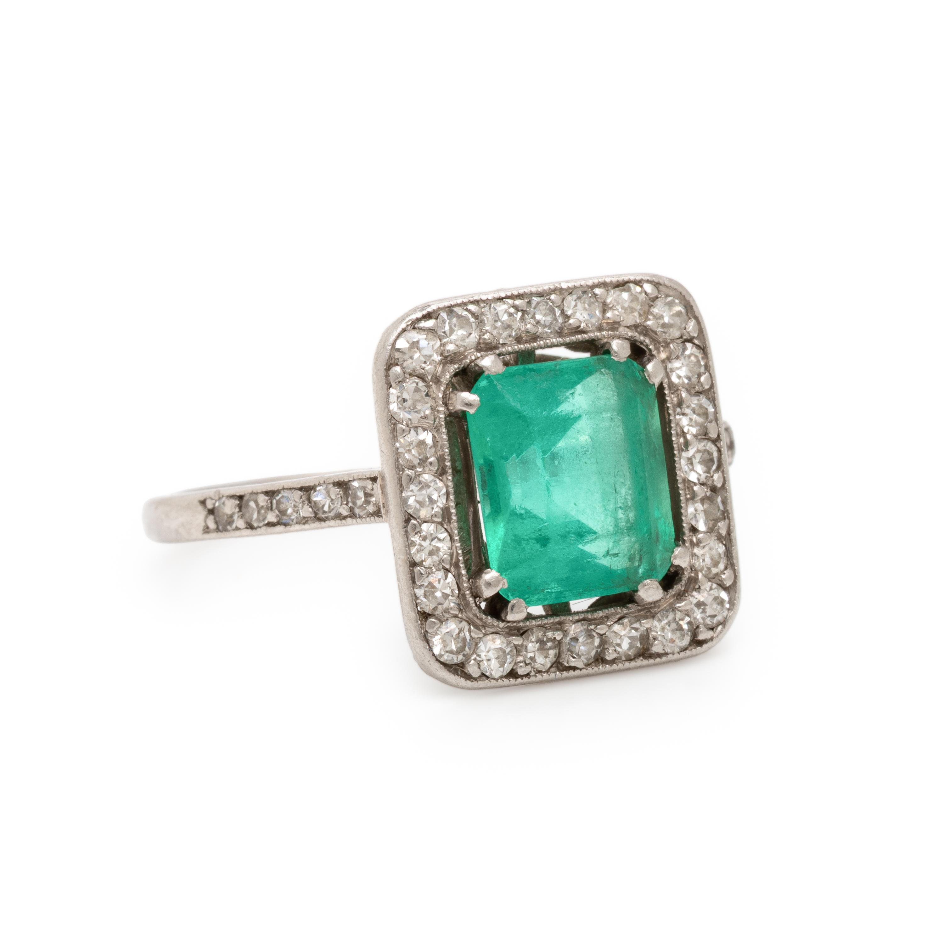 Art Deco, French, Colombian Emerald, Diamond, and Platinum Ring