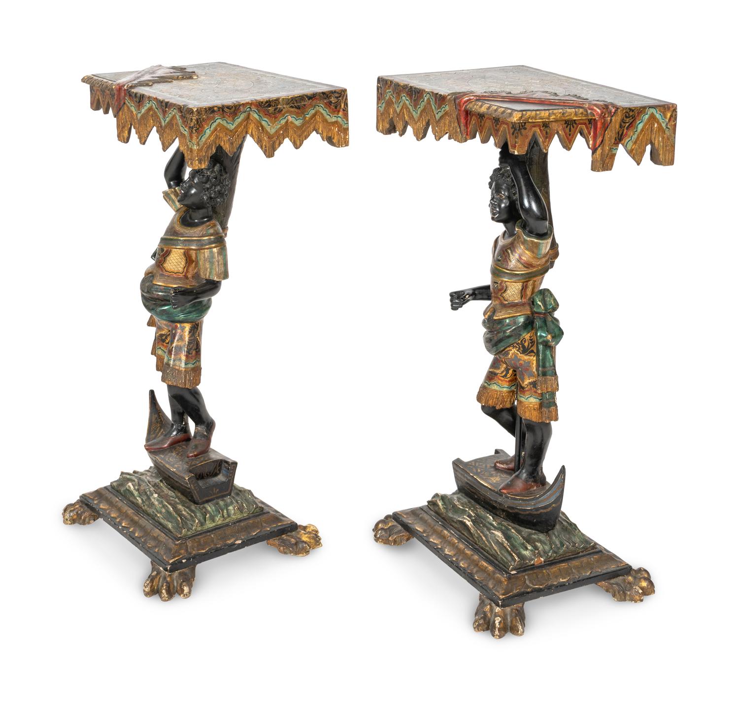 A Pair of Venetian Baroque Style Parcel Gilt and Polychrome Decorated Figural Pier Tables