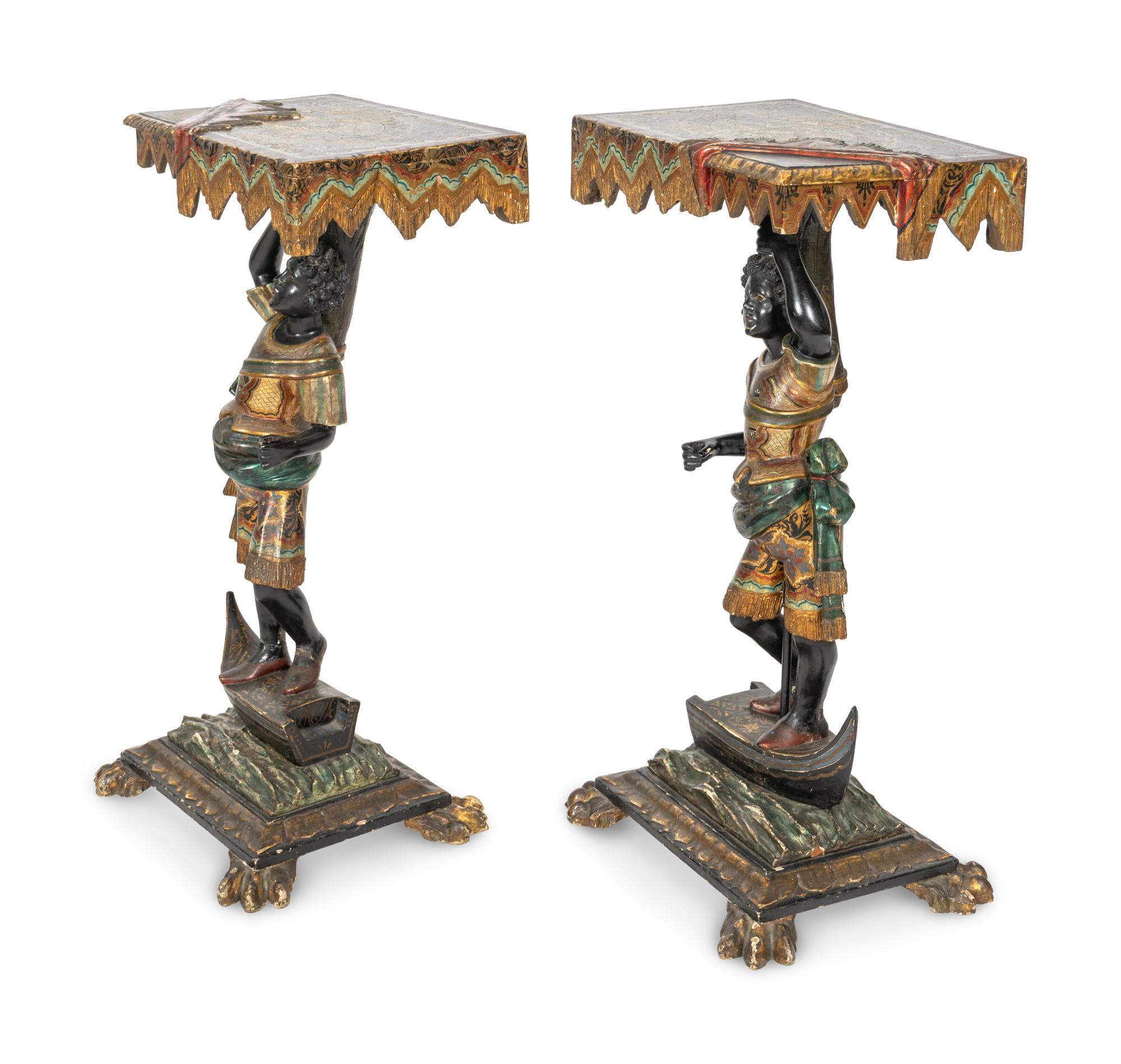 A Pair of Venetian Baroque Style Parcel Gilt and Polychrome Decorated Figural Pier Tables