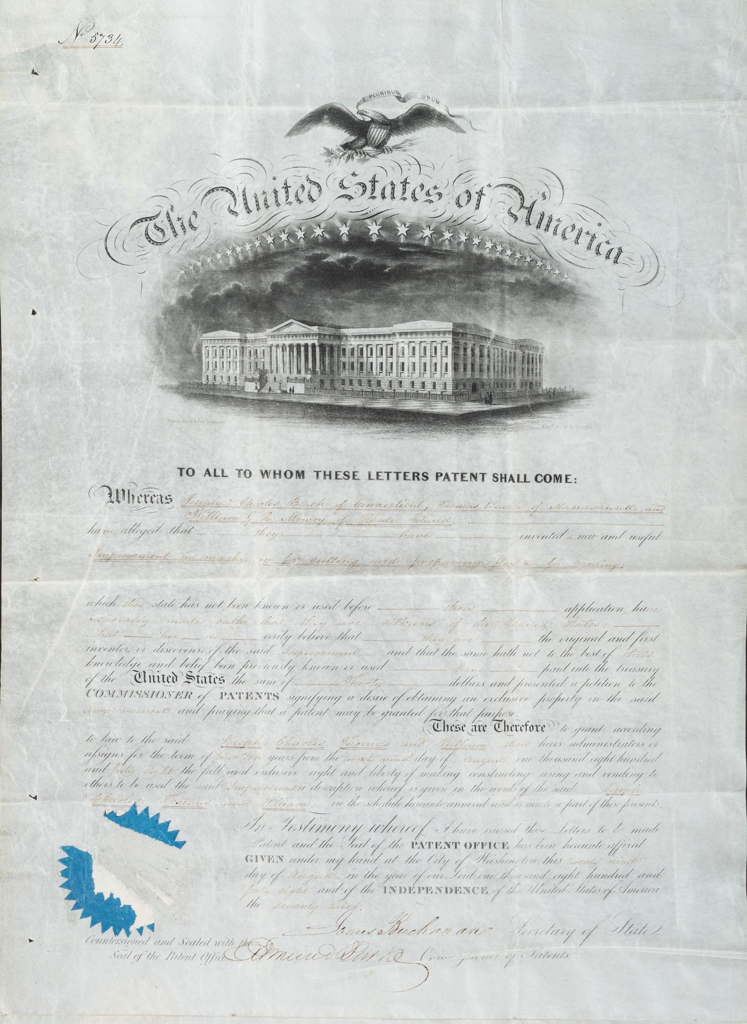 BUCHANAN, James (1791-1868). Partly printed document signed ("James Buchanan"), as Secretary of State. Washington, D.C., 22 August 1848.