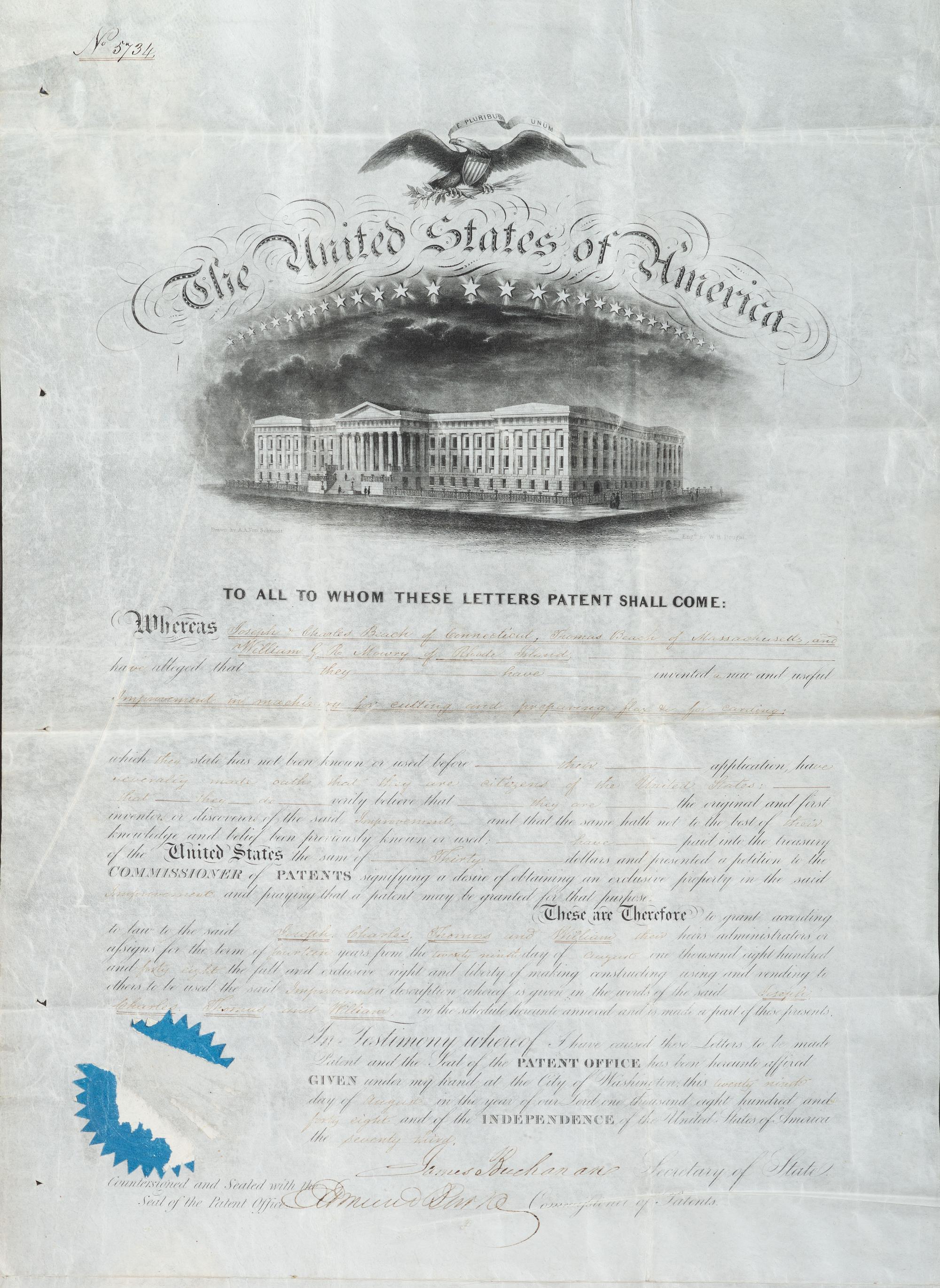 BUCHANAN, James (1791-1868). Partly printed document signed ("James Buchanan"), as Secretary of State. Washington, D.C., 22 August 1848.