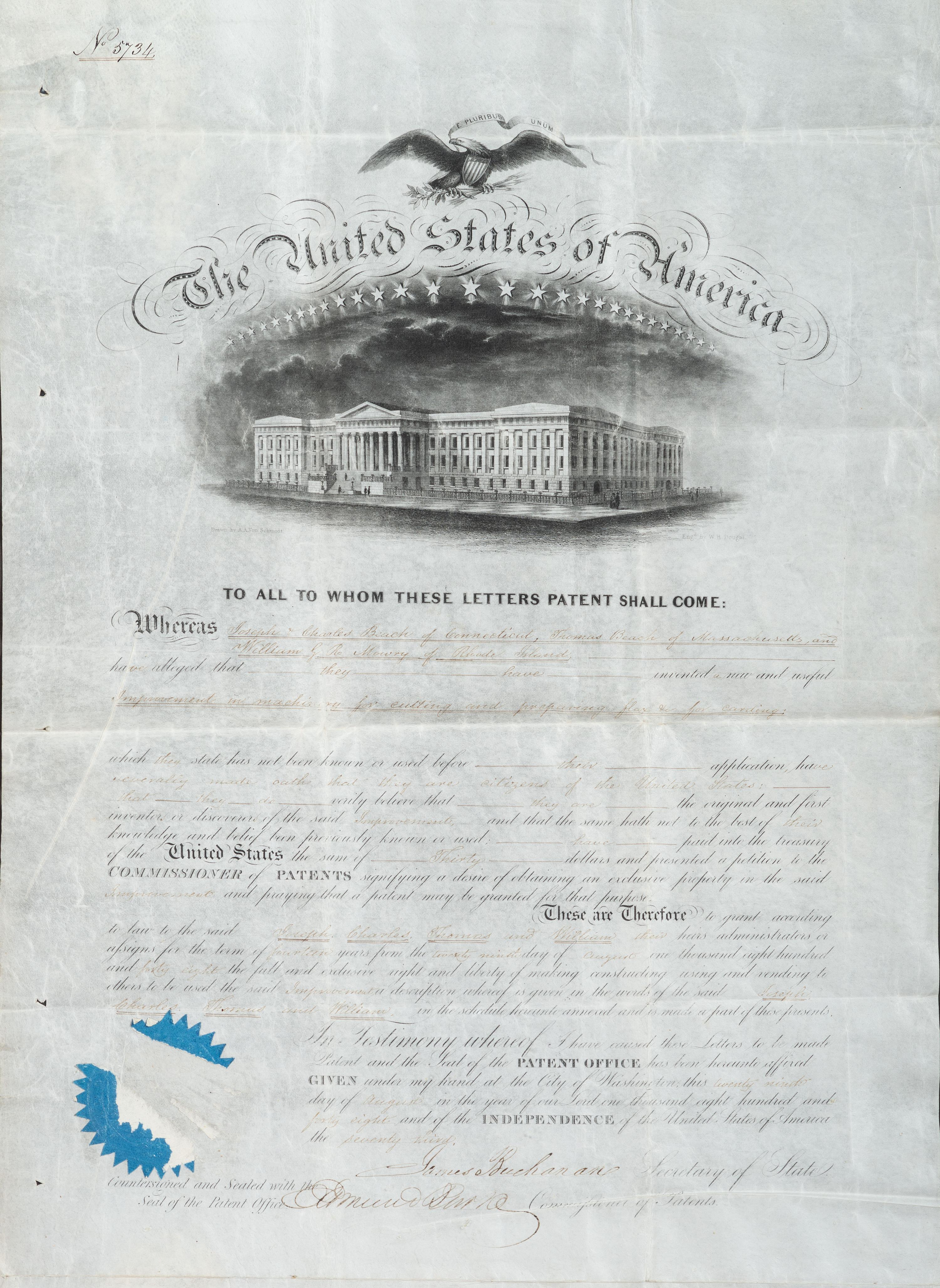 BUCHANAN, James (1791-1868). Partly printed document signed ("James Buchanan"), as Secretary of State. Washington, D.C., 22 August 1848.