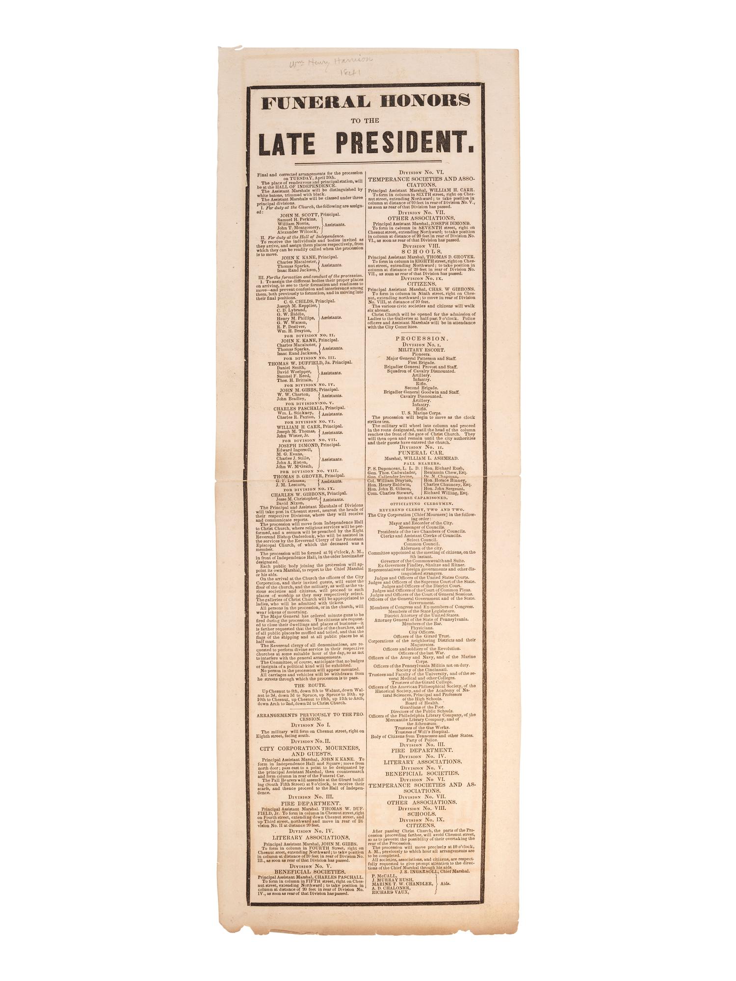 [HARRISON, William Henry]. A group of broadsides, handbills, and manuscripts related to the funeral of William Henry Harrison.