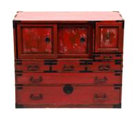 A Japanese Metal Mounted Red Lacquer Tansu Height 30 x width 35 x depth 15 inches. — 20TH CENTURY