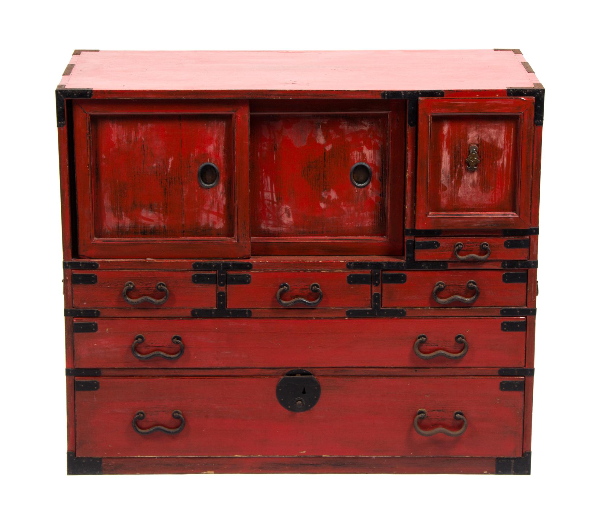 A Japanese Metal Mounted Red Lacquer Tansu Height 30 x width 35 x depth 15 inches. — 20TH CENTURY
