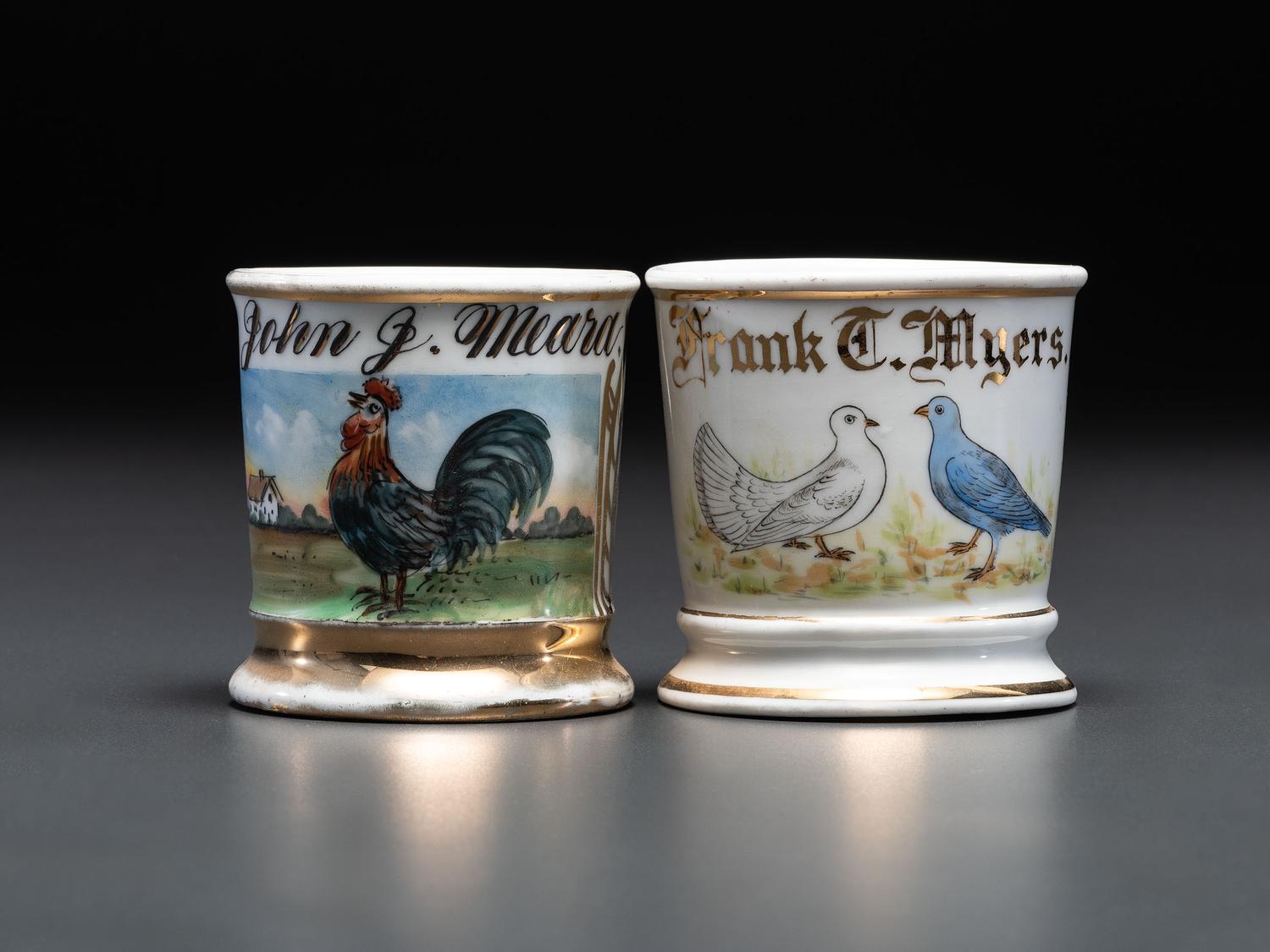 Two Porcelain Occupational Shaving Mugs of Avian Interest
