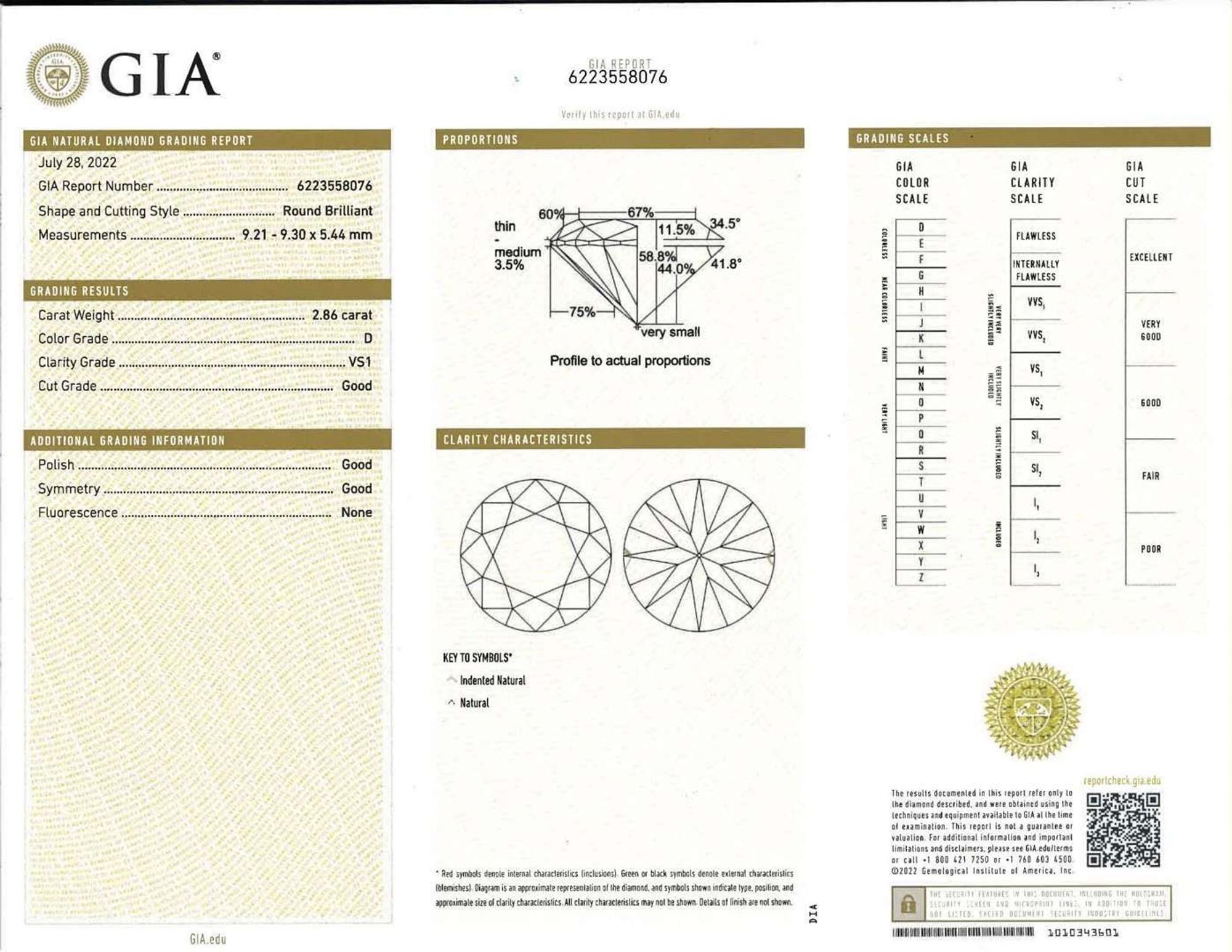 Diamond, Platinum, and 14K Gold Ring 2.86 Carat Round Brilliant Diamond, GIA Certified